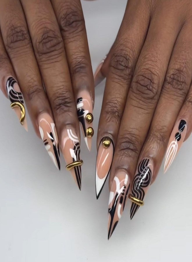 Maigitur Handmade Press on Nails Long Stiletto Fake Nails with 3D Gold Rhinestone Lines Design Black White Striepd Stick on Nails Curve False Nails Glossy Fall Nail for Women Girls Manicure 24Pcs - Image 1